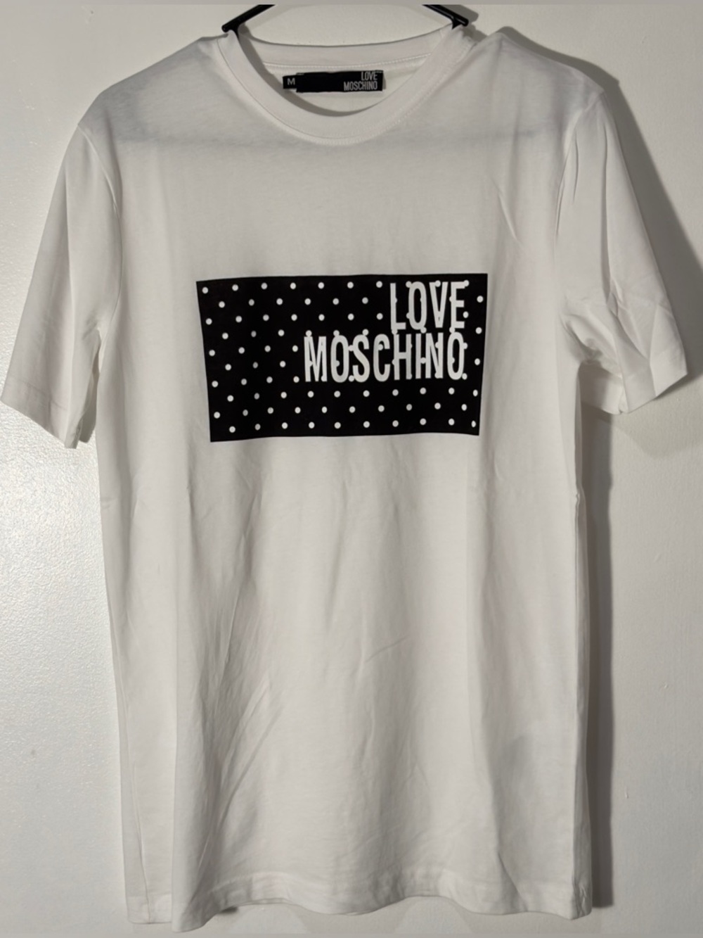 Love Moschino White Tee with Black Polka Dot Logo Panel